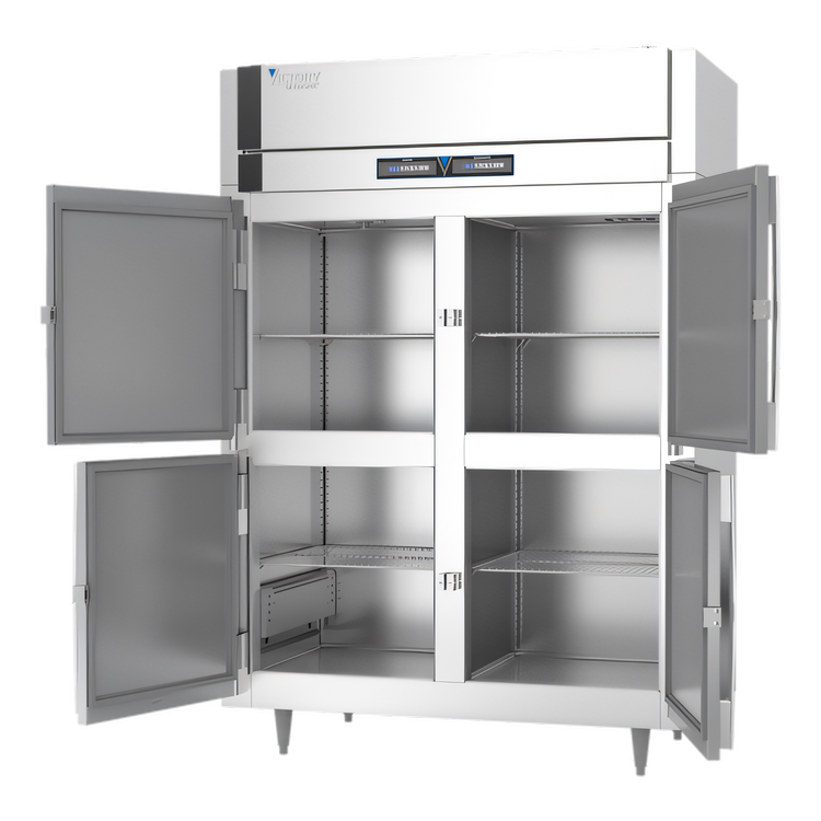 Product image #2 for Victory UltraSpec Extra Wide Dual-Temp Reach-In Warming Cabinet/Refrigerator, 2-Section, 4 Half-Height Doors, Stainless Steel