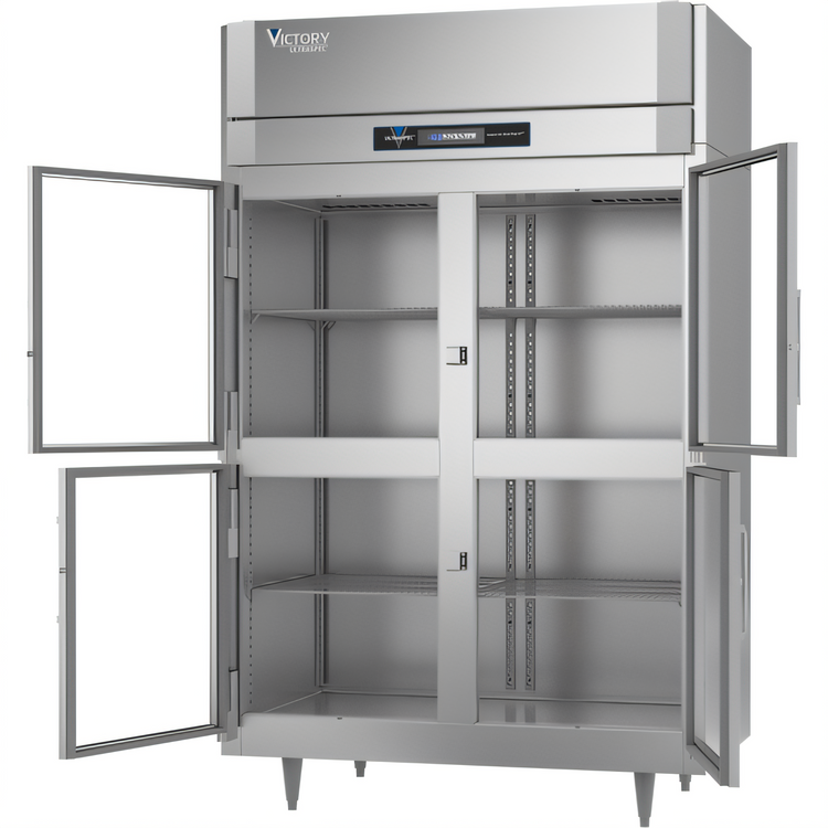 Product image #2 for Victory UltraSpec™ Standard Depth Two-Section Stainless Steel Glass Half-Door Reach-In Freezer, Self-Contained Top-Mounted