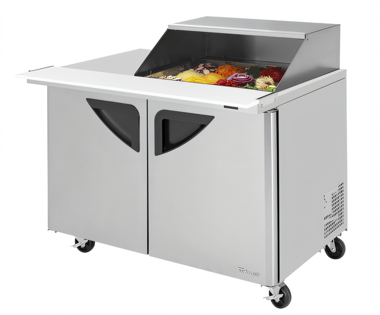 Product image #2 for Turbo Air Super Deluxe Two-Section 15 Cu. Ft. 2-Door Mega Top Sandwich/Salad Prep Table with Slide-Back Lid, 48-1/4 Inch Wide, 12-Pan Capacity