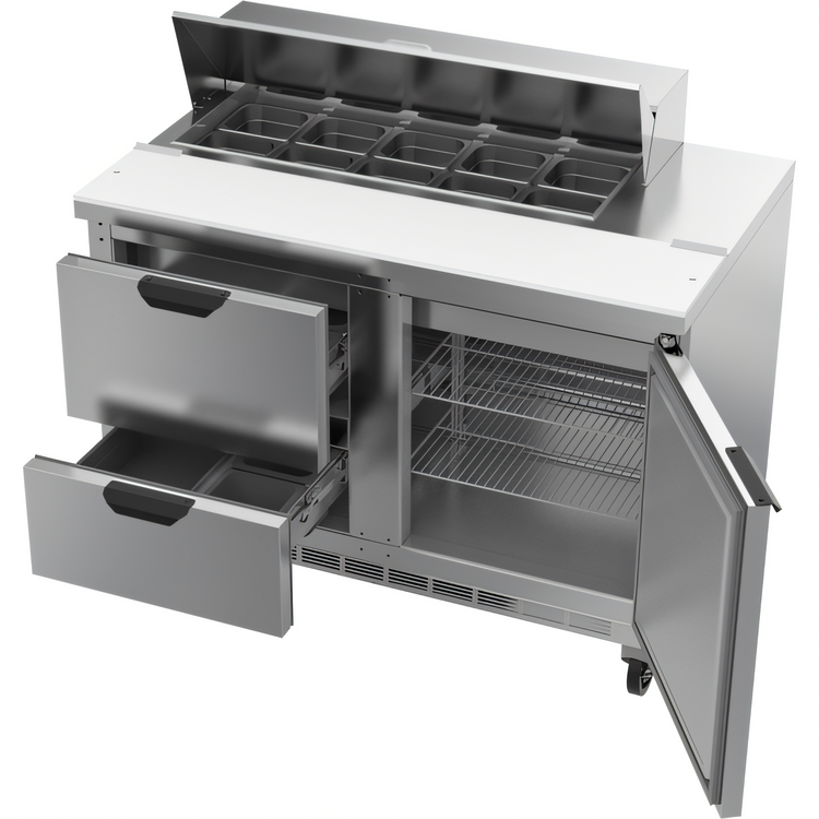 Product image #2 for 48-Inch Two-Section Sandwich Top Refrigerated Prep Table with 10-Pan Opening, Drawers and Door