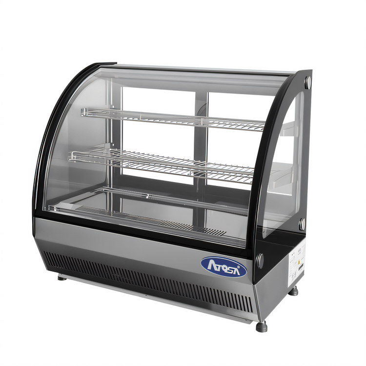 Product image #2 for Atosa Countertop Curved Front Glass Refrigerated Display Case, 3.5 Cu. Ft., Self-Contained, 2 Sliding Doors