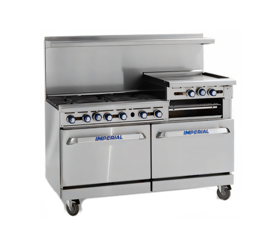Product image #1 for Imperial Pro Series 60-Inch Gas Restaurant Range with 6 Open Burners, 24-Inch Griddle, Standard Oven and Cabinet Base