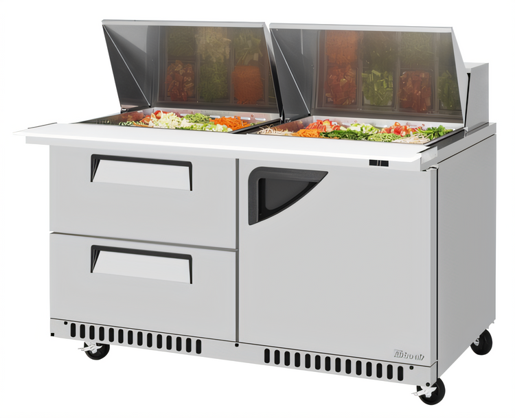 Product image #2 for Turbo Air Super Deluxe 2-Section Front Breathing Sandwich/Salad Mega Top Prep Table with 24-Pan Opening, 1 Door, and 2 Drawers