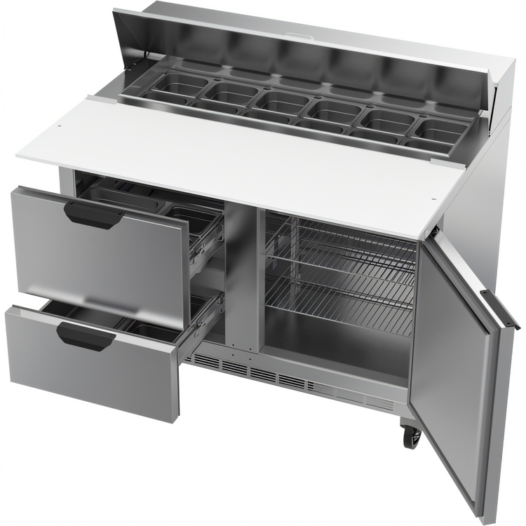 Product image #2 for Beverage-Air 48-Inch Two-Section Sandwich Prep Table Refrigerator with 12-Pan Top, 2 Drawers, and 1 Door