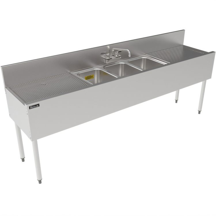 Product image #2 for Top Shelf TS Series 84-Inch Three-Compartment Stainless Steel Underbar Sink with Dual Drainboards
