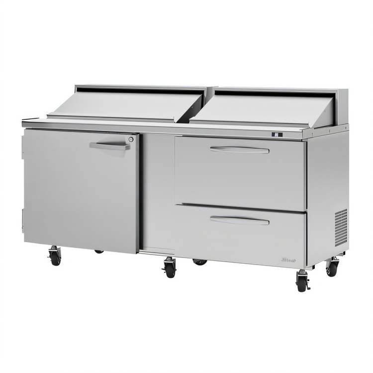 Product image #2 for Turbo Air PRO 72 5/8-Inch Two-Section Sandwich/Salad Prep Table with 1 Door, 2 Drawers, and 18-Pan Top