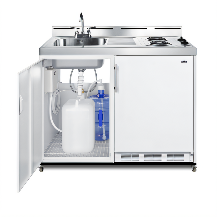 Product image #2 for Summit Commercial 48-Inch Wide Mobile All-In-One Kitchenette with No Plumbing, 2-Burner Coil Cooktop, Sink, and 5 Cu. Ft. Refrigerator-Freezer