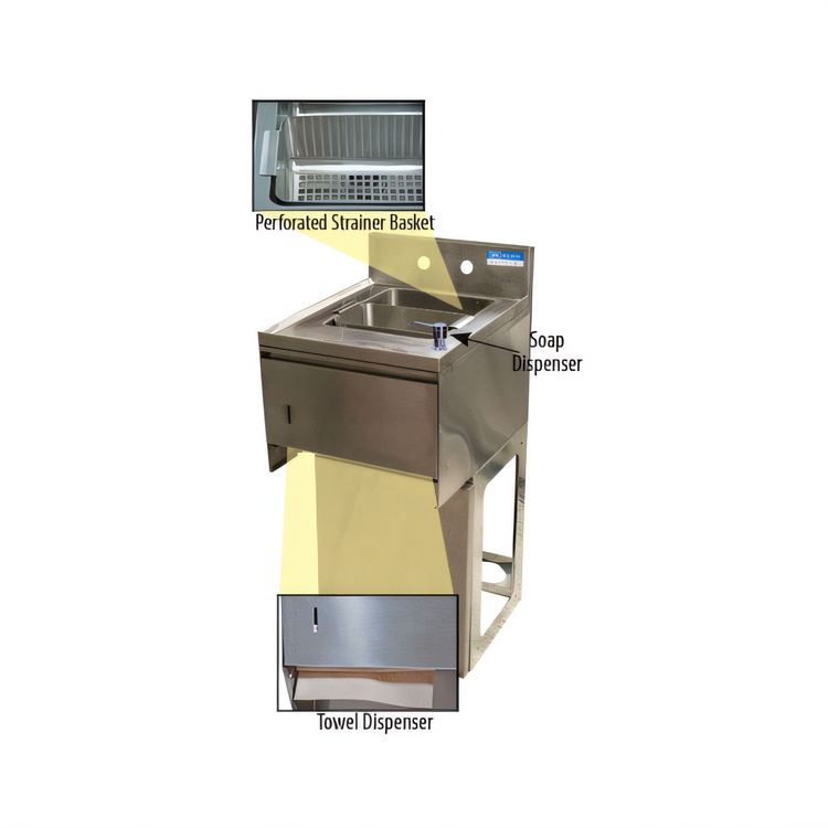 Product image #2 for BK Resources Slimline 1-Compartment Stainless Steel Underbar Dump Sink with Soap Dispenser and Towel Dispenser, 15-1/2 Inch Wide
