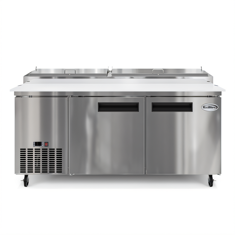 Product image #2 for Koolmore 71-Inch Pizza Prep Refrigerator with 9-Pan Stainless Steel Top, 2 Doors, and Side-Mounted Self-Contained Refrigeration