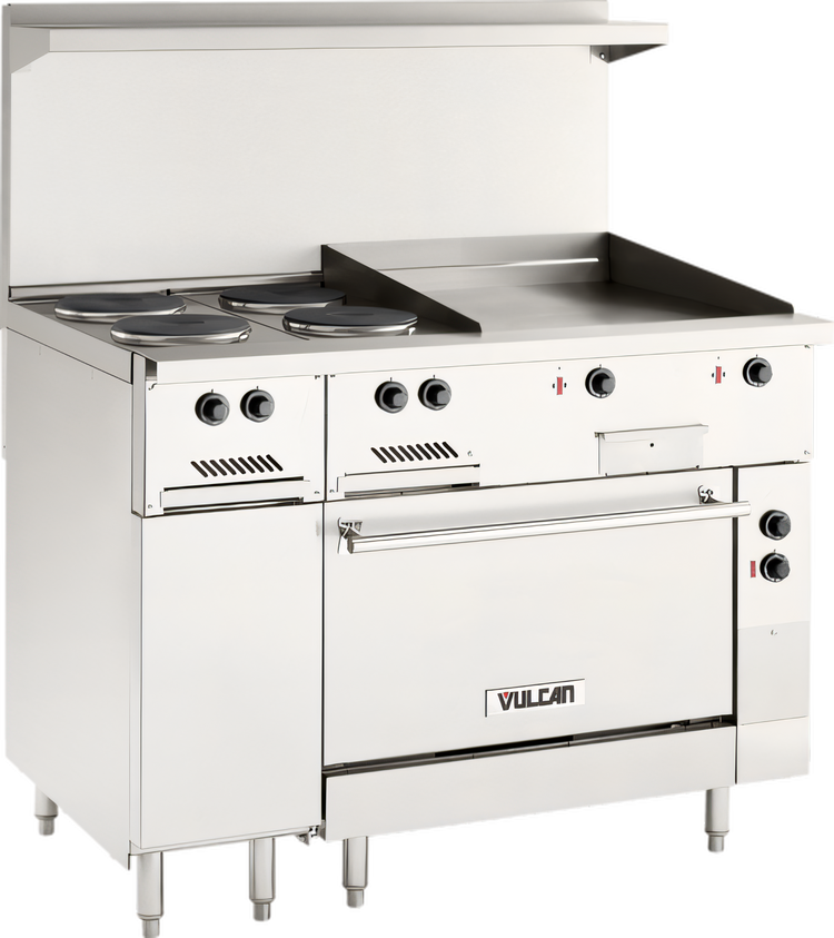 Product image #2 for Vulcan 48-Inch Electric Restaurant Range with 4 French Hotplates, 24-Inch Griddle, Standard Oven and Cabinet Base