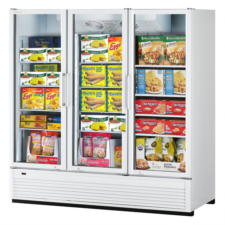 Product image #2 for Turbo Air Super Deluxe Three-Section Glass Door Freezer Merchandiser, 62.2 Cu. Ft., Bottom-Mounted Refrigeration, Hinged Triple-Pane Doors