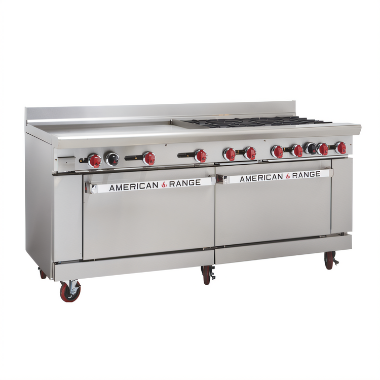 Product image #2 for American Range 72-Inch Gas Restaurant Range with 36-Inch Griddle, 6 Open Burners, and 2 Standard Ovens