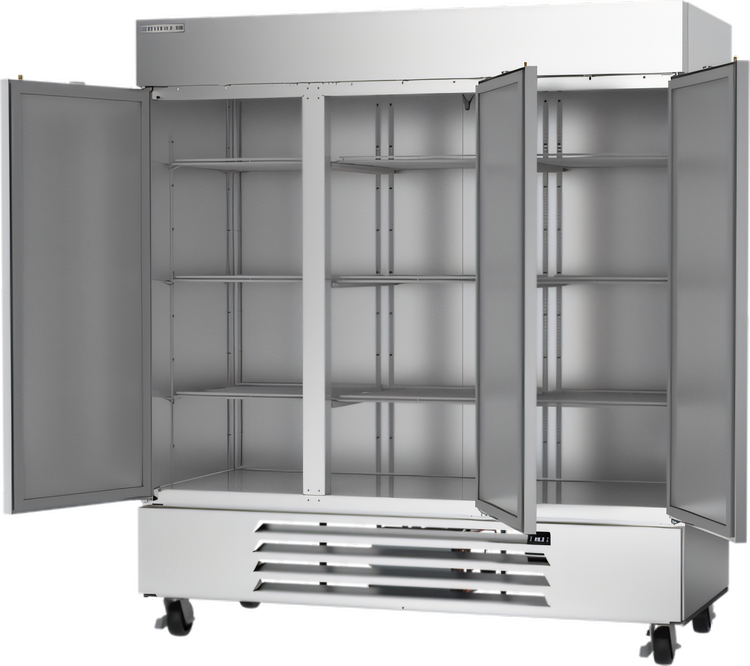 Product image #2 for Beverage Air Horizon Series Three-Section Reach-In Refrigerator, 70.19 Cu. Ft., Solid Doors, Bottom-Mounted Self-Contained, Stainless Steel