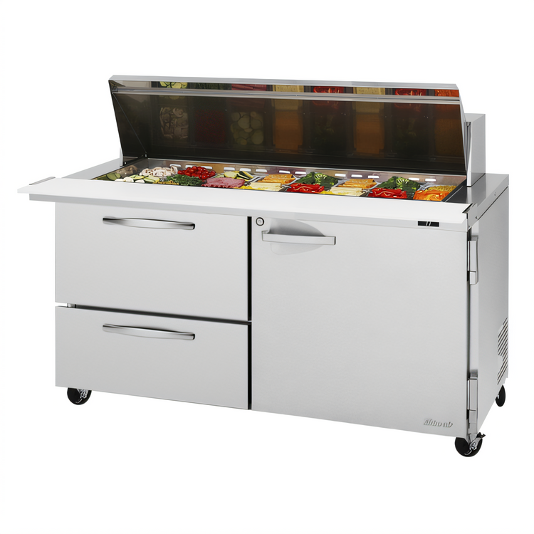 Product image #2 for Turbo Air PRO 60-Inch Two-Section Mega Top Sandwich/Salad Prep Table with Rear-Mount Self-Contained Refrigeration, 24-Pan Top, 2 Drawers and Locking Door