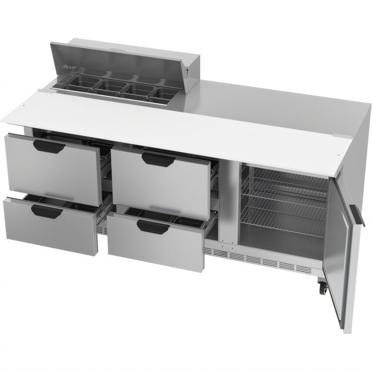 Product image #2 for Beverage Air 72-Inch Three-Section Sandwich Top Refrigerated Prep Table with 4 Drawers, 1 Door, and 8-Pan Top