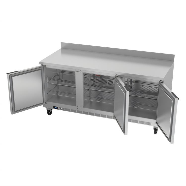 Product image #2 for Beverage-Air 72-Inch Three-Section Worktop Refrigerator with 3 Solid Doors and Rear-Mounted Self-Contained R290 Refrigeration