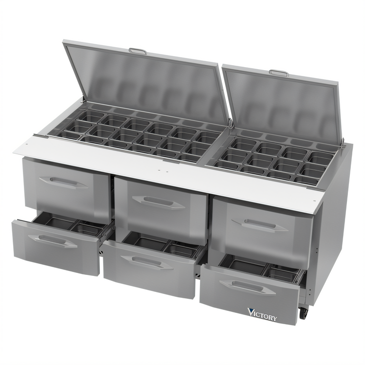 Product image #2 for Victory UltraSpec™ V-Core™ Three-Section Big Top Sandwich Prep Table, 72-Inch, 6-Drawer, 30-Pan Top