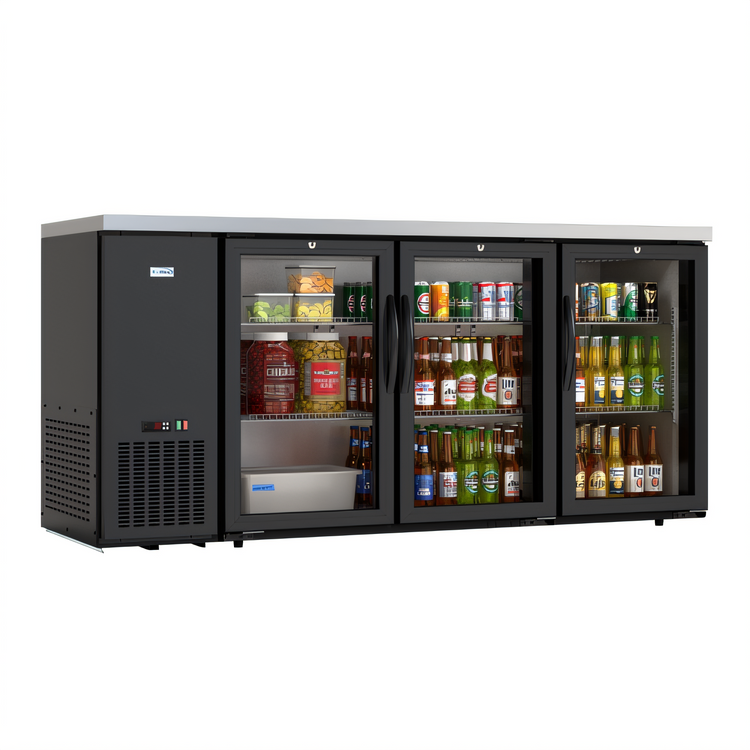 Product image #2 for Koolmore 72.8-Inch Three-Section Back Bar Refrigerator with 3 Glass Swing Doors, 18.3 Cu. Ft., Black Finish