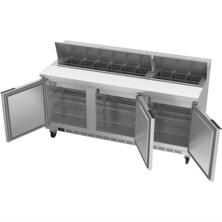 Product image #2 for Beverage-Air Three-Section Sandwich Top Refrigerated Prep Table, 72-Inch Wide, 3 Doors, 18-Pan Top