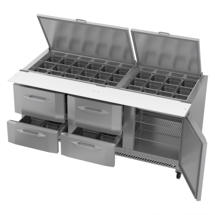 Product image #2 for Victory UltraSpec V-Core 72-Inch Three-Section Sandwich Prep Table with 30 1/6-Size Pan Top, 1 Door, and 4 Drawers