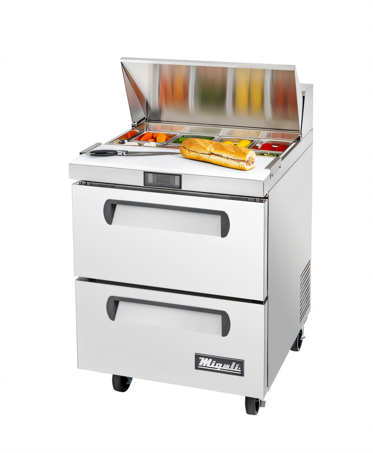 Product image #2 for Migali 27 1/2 Inch Stainless Steel Refrigerated Sandwich Prep Table with 2 Drawers and 8-Pan Top