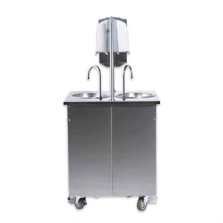 Product image #2 for Vollrath Double-Sided Mobile Stainless Steel Hand Washing Station with Dual Round Bowl Sinks and Foot Pump