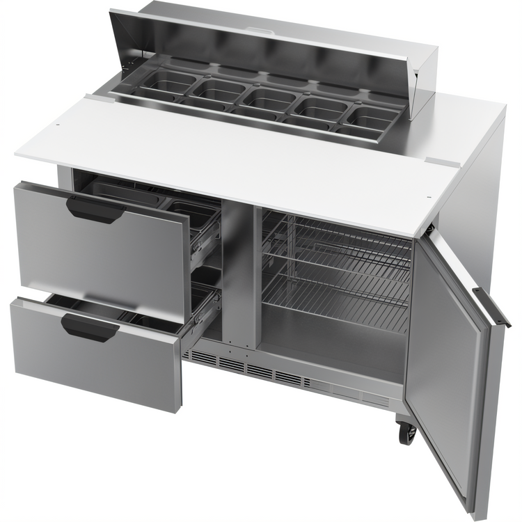 Product image #1 for Beverage-Air 48-Inch Two-Section Sandwich Top Refrigerated Prep Table with 10-Pan Rail, 1 Door, and 2 Drawers