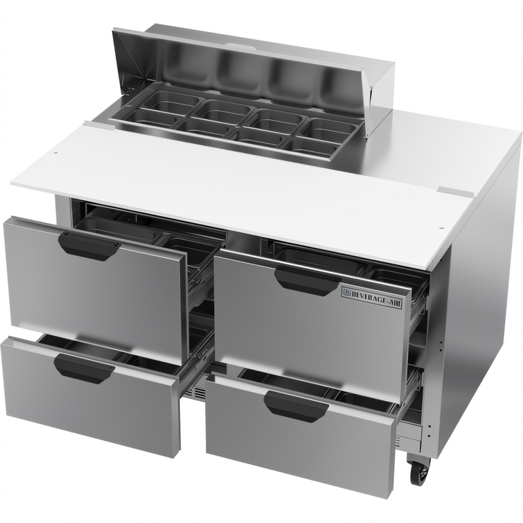 Product image #2 for Beverage Air 48-Inch Two-Section Refrigerated Sandwich Prep Table with 4 Drawers, 8 1/6-Size Pan Top, and 17-Inch Cutting Board