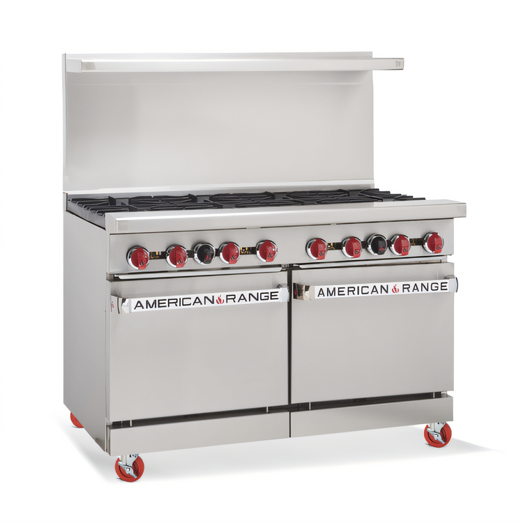 Product image #2 for American Range 48-Inch Gas Restaurant Range with 8 Open Burners and 2 Space Saver Ovens