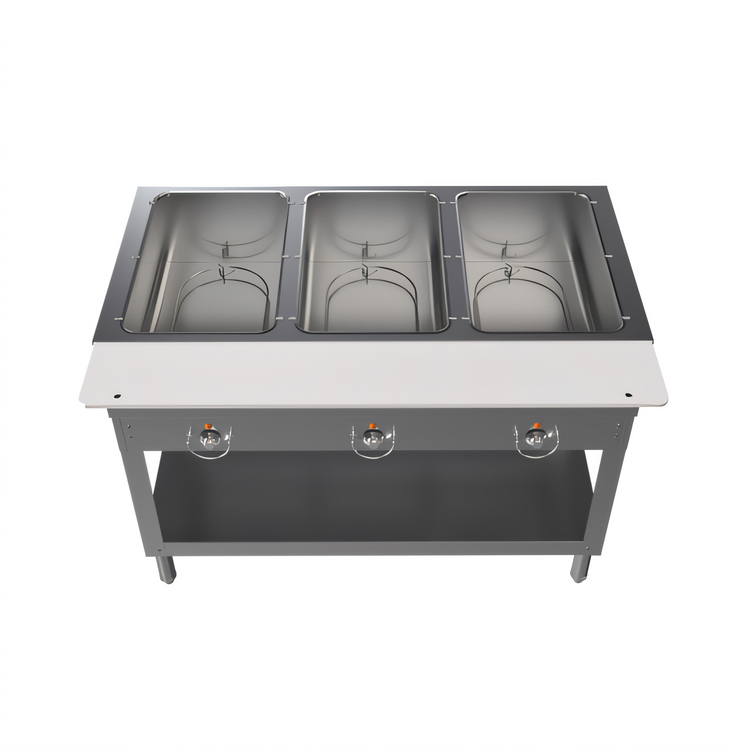 Product image #2 for BK Resources ST-3 3-Pan Electric Open Well Steam Table with Open Shelf Base and Cutting Board Shelf
