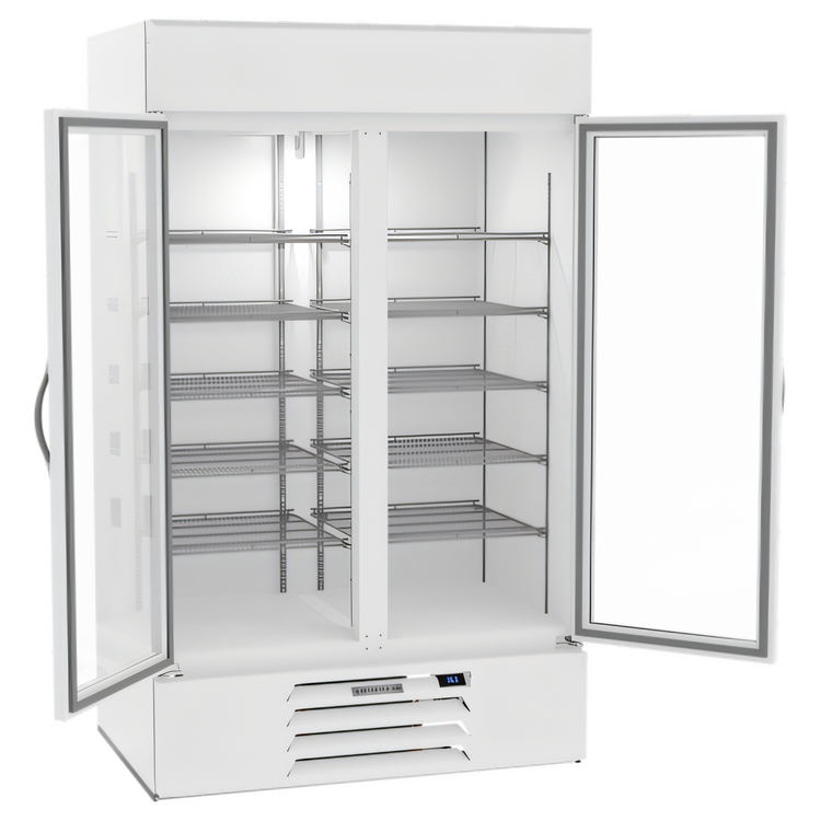 Product image #2 for Beverage-Air MarketMax 2-Section Reach-In Glass Door Refrigerated Merchandiser, 40.2 Cu. Ft., White, Bottom-Mounted