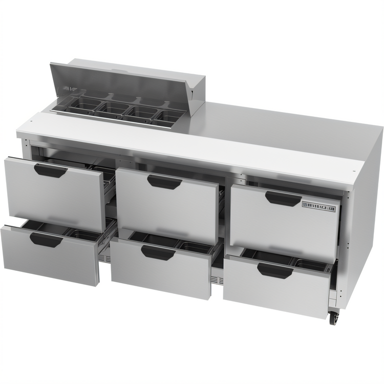 Product image #2 for Beverage-Air SPED72HC-08-6 72-Inch Three-Section Sandwich Top Refrigerated Prep Table with 6 Drawers and 8-Pan Opening