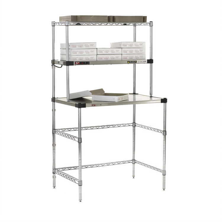 Product image #2 for Metro Super Erecta Hot 36 Inch x 24 Inch Stainless Steel Workstation with 3-Sided Open Base, Open Heated Shelf, and Wire Overshelf
