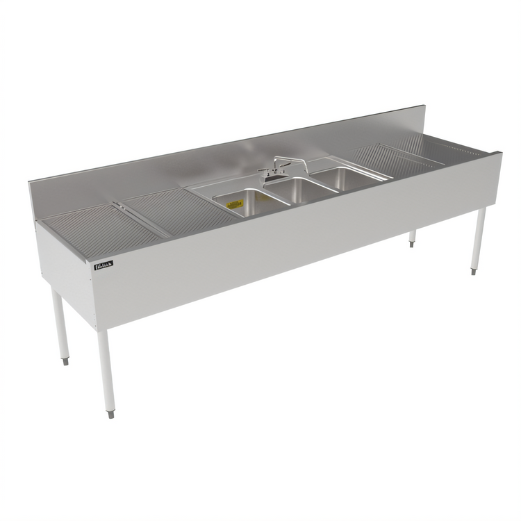 Product image #2 for Top Shelf TSF Series 3-Compartment Underbar Stainless Steel Sink Unit with Left and Right Drainboards, 96" x 24"