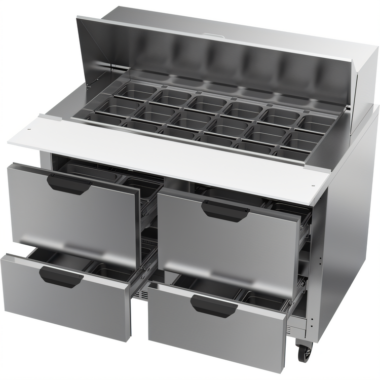 Product image #2 for Beverage-Air SPED48HC-18M-4 48-Inch Two-Section Mega Top Refrigerated Prep Table with 4 Drawers