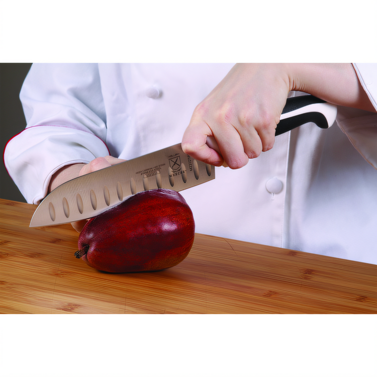 Product image #2 for Mercer Culinary Millennia Color 7-Inch Santoku Knife, Granton Edge, White Handle