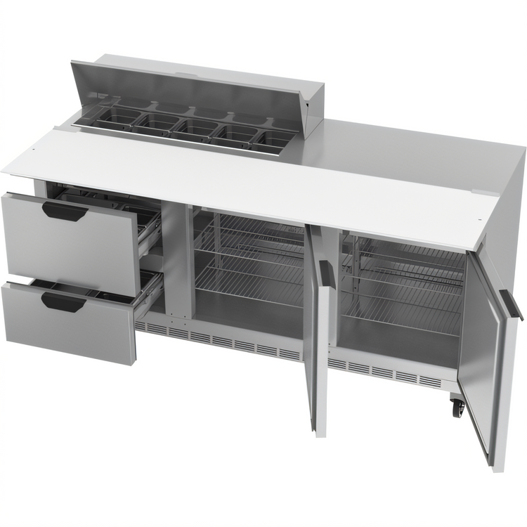 Product image #2 for Beverage-Air SPED72HC-10C-2 72-Inch Three-Section Sandwich Prep Table Refrigerated Counter with 10-Pan Top, 2 Doors, and 2 Drawers