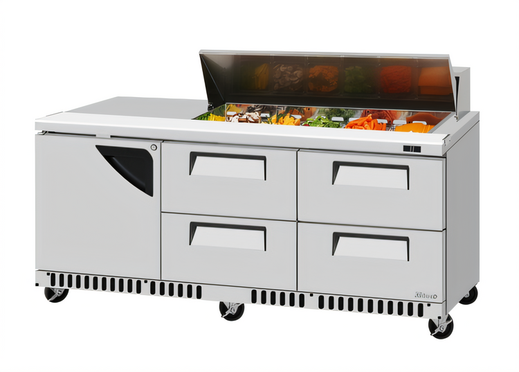 Product image #2 for Turbo Air Super Deluxe 72-5/8-Inch Three-Section Sandwich/Salad Prep Table with 12-Pan Top, 4 Drawers, and 1 Door