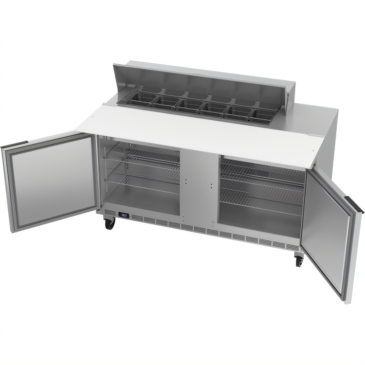 Product image #2 for Beverage-Air Two-Section Sandwich Prep Table Refrigerated Counter with 17-Inch Cutting Board, 60-Inch Wide, 12-Pan Top
