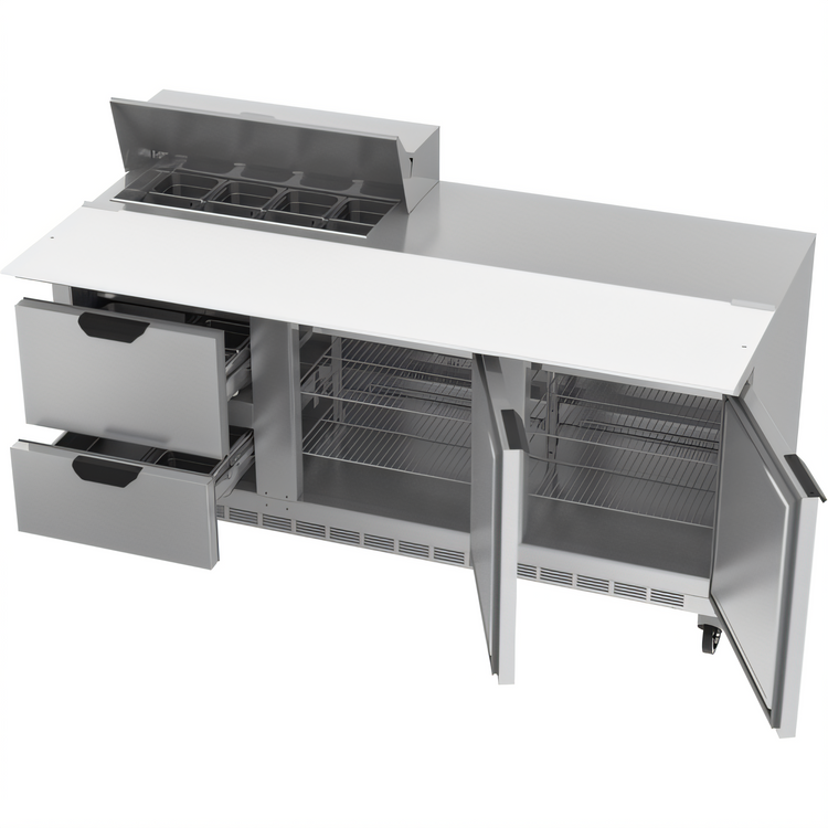 Product image #2 for Beverage-Air 72-Inch Three-Section Sandwich Prep Table with 17-Inch Cutting Board, 8-Pan Top, 2 Doors, and 2 Drawers