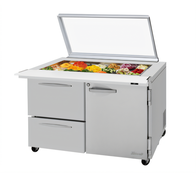 Product image #2 for Turbo Air PRO Series Mega Top Sandwich/Salad Prep Table with Glass Lid, 48.25-Inch, 15 Cu. Ft., 2-Section, 18-Pan, 2 Drawers, 1 Door