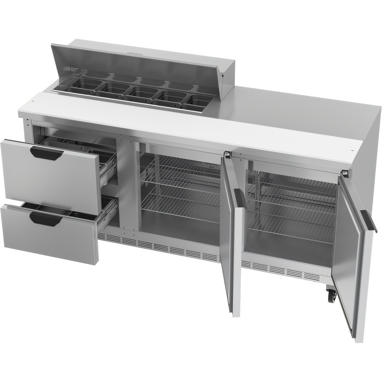 Product image #2 for Beverage-Air 72-Inch Three-Section Sandwich Top Refrigerated Prep Table with 2 Doors and 4 Drawers