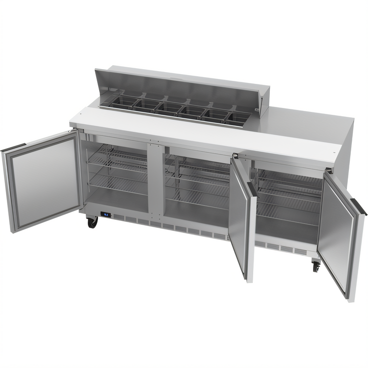 Product image #2 for Beverage-Air 72-Inch Three-Section Sandwich Top Refrigerated Prep Table with 3 Doors and 12-Pan Top