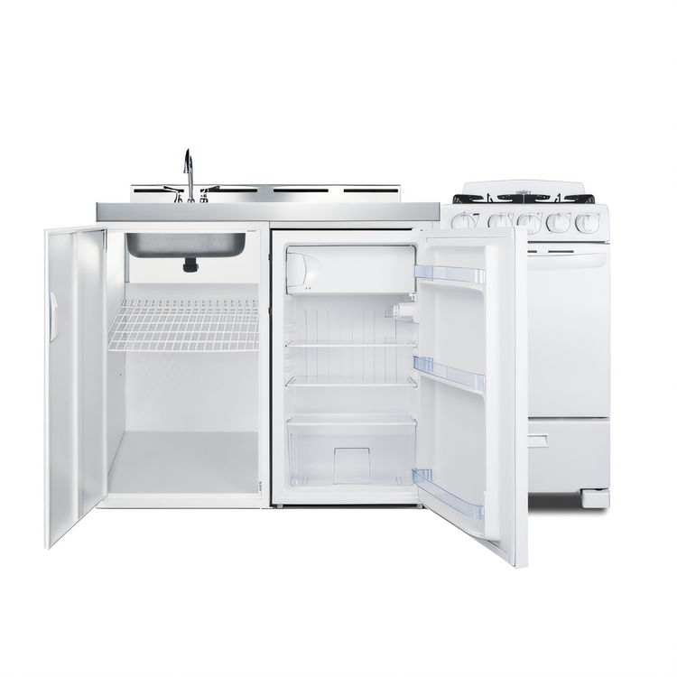 Product image #2 for Summit 60-Inch All-In-One White Kitchenette with 20-Inch 4-Burner Sealed Gas Range and Oven, Refrigerator-Freezer, Sink, and Storage Cabinet