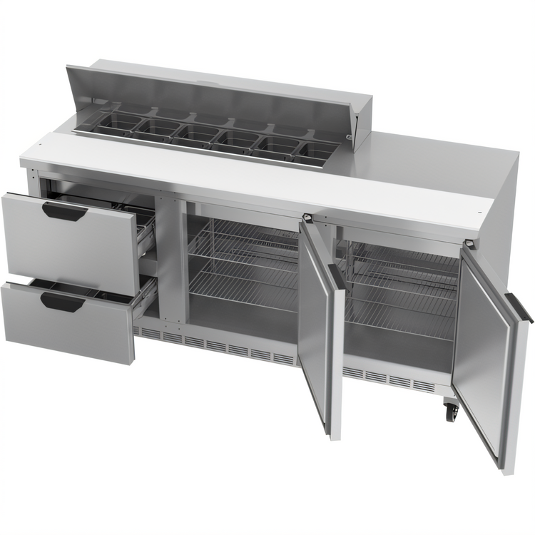 Product image #2 for Beverage-Air 72-Inch Three-Section Sandwich Prep Table with 2 Doors, 2 Drawers and 12-Pan Top