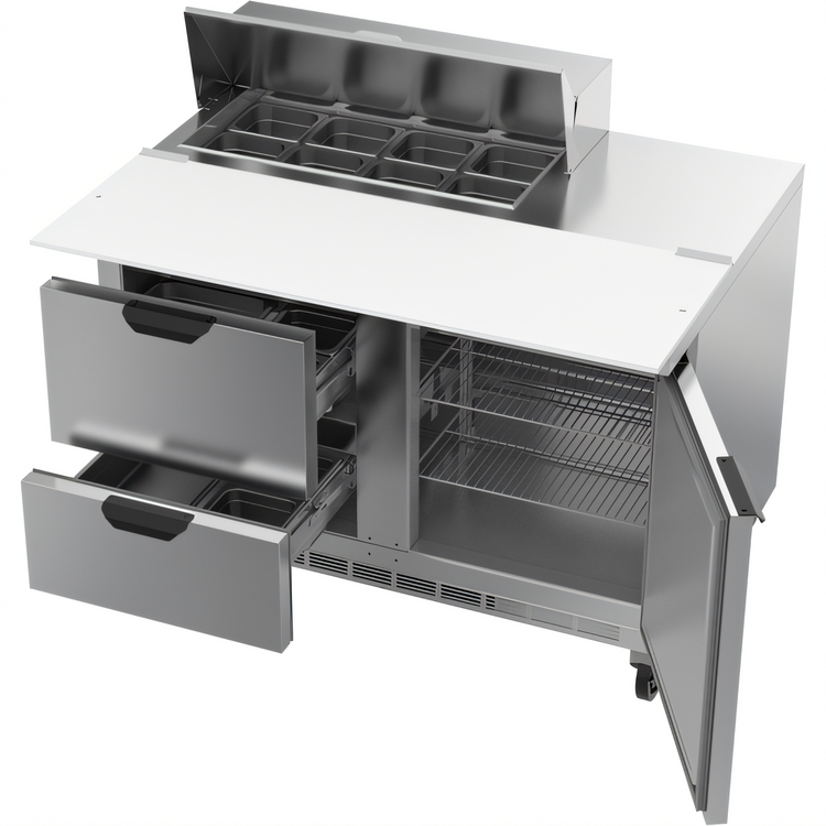 Product image #2 for Beverage-Air 48-Inch Two-Section Sandwich Prep Table Refrigerated Counter with 1 Door, 2 Drawers, and 8-Pan Top