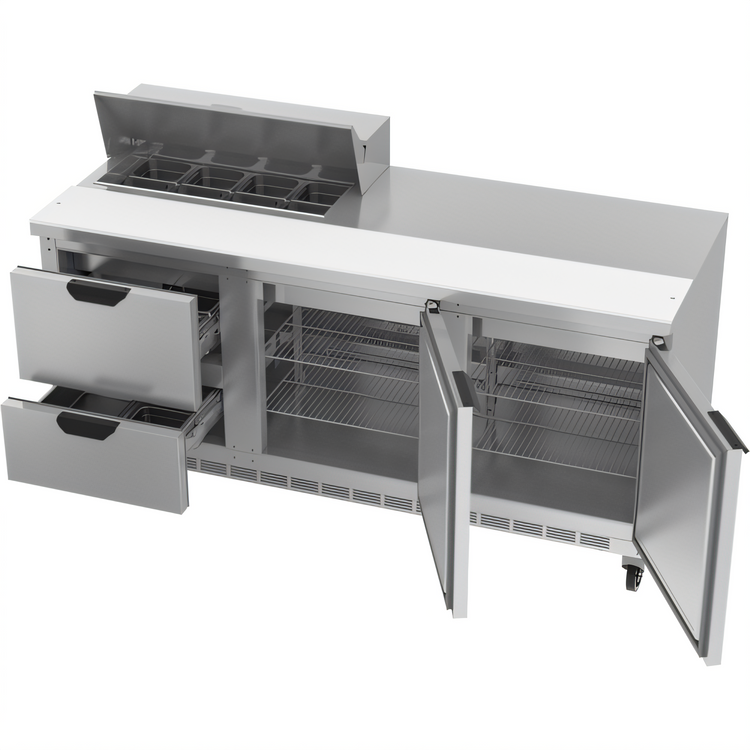 Product image #2 for Beverage-Air 72-Inch Three-Section Sandwich Top Refrigerated Prep Table with 8-Pan Opening, 2 Drawers, and 2 Doors