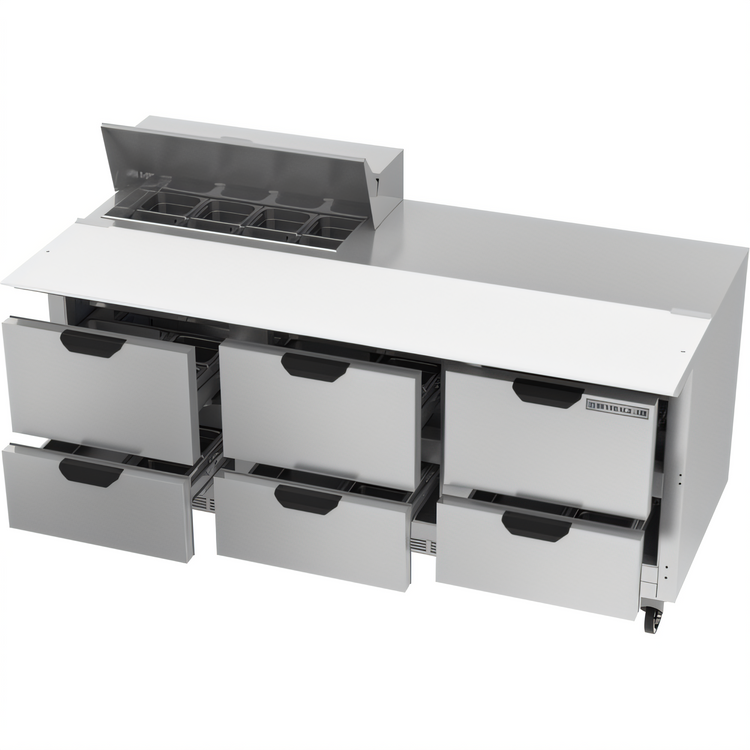 Product image #2 for Beverage-Air 72-Inch Three-Section Sandwich Prep Table Refrigerated Counter with 6 Drawers, 8-Pan Cut Top, and 17-Inch Cutting Board