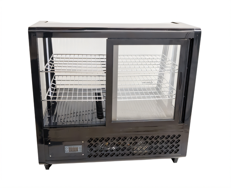 Product image #2 for Omcan 27-Inch Black Countertop Refrigerated Display Case, 3.5 Cu. Ft., Curved Glass, Rear Sliding Doors
