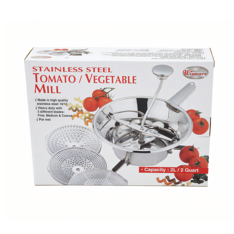 Product image #2 for Winco Medium Manual Stainless Steel Food Mill with 3 Interchangeable Cutting Plates, 2 Qt, 9-Inch Diameter
